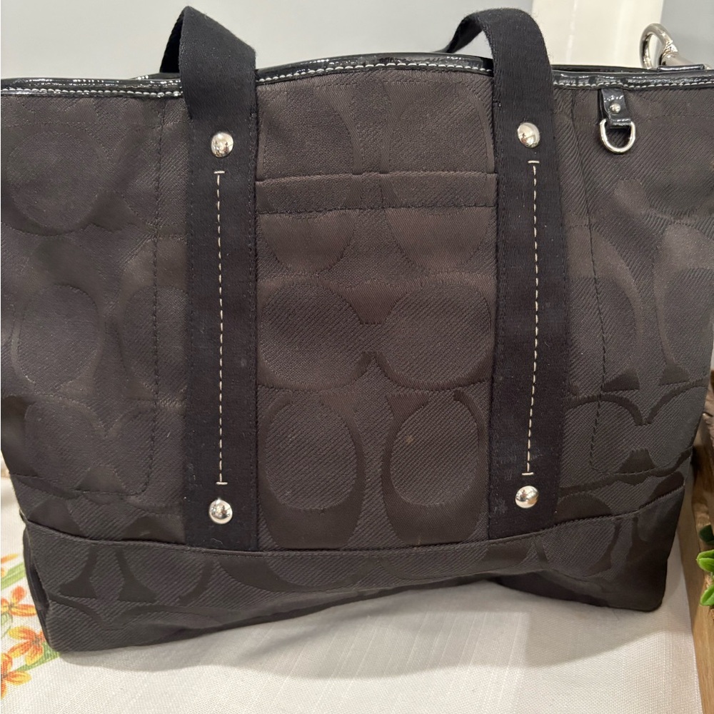 Coach Black Tote Bag with Signature Pattern and Silver Hardware